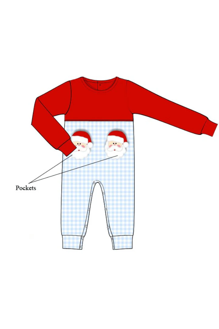 Applique Santa Pocket Blue/Red Gingham Romper - Image 3