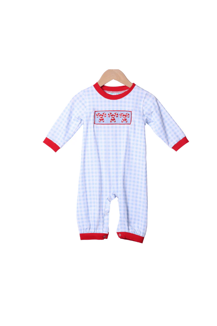 Smocked Blue Gingham Red Knit Candy Cane Romper
