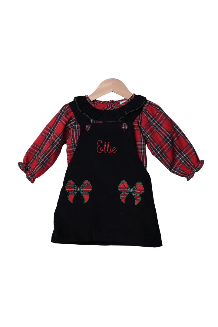 Christmas Tartan Plaid Bow Black Corduory 2pcs. Dress