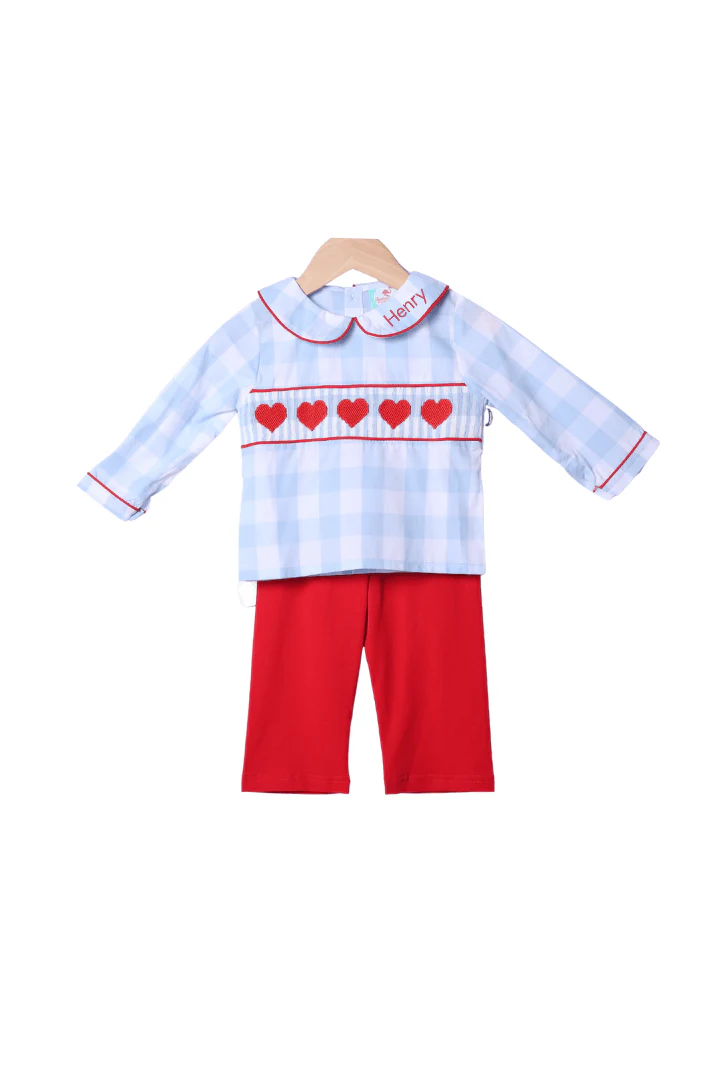 Smocked Heart Blue Gingham Pant Set