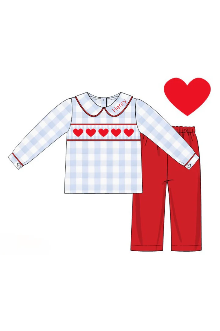 Smocked Heart Blue Gingham Pant Set - Image 2