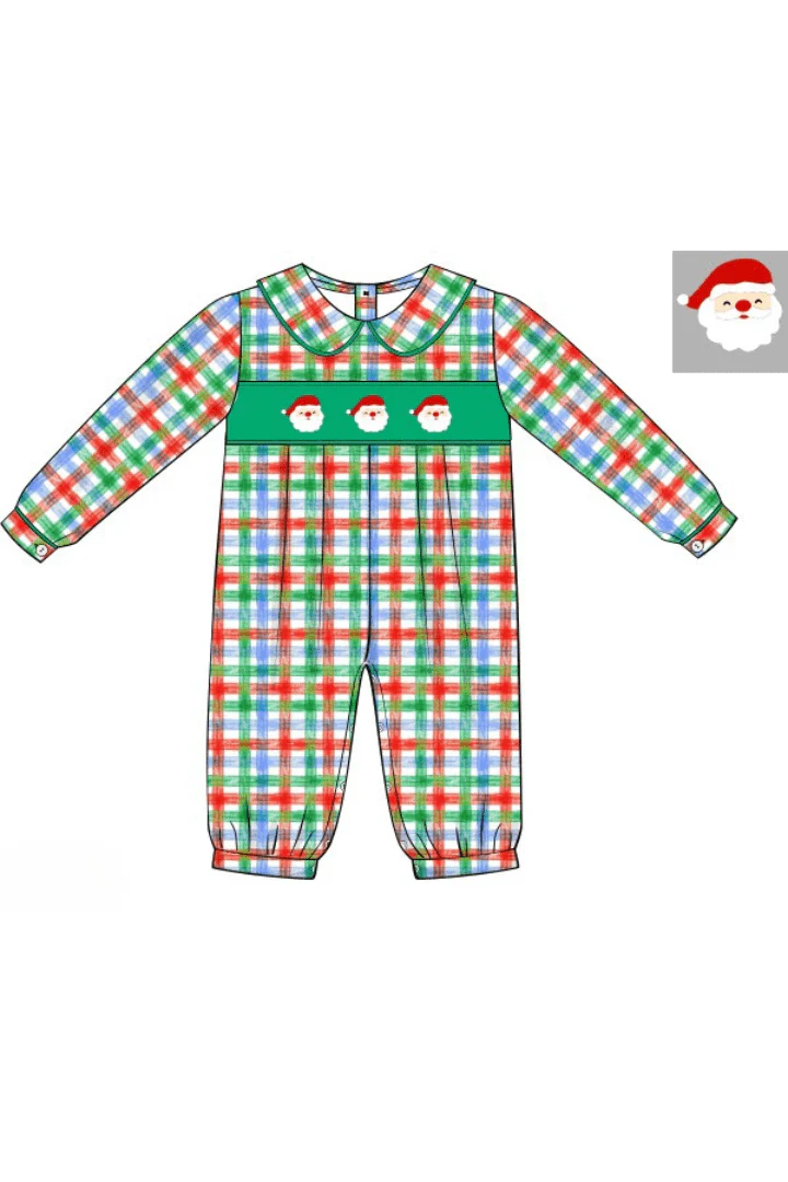 Smocked Santa Festive Plaid Bishop Romper - Image 2
