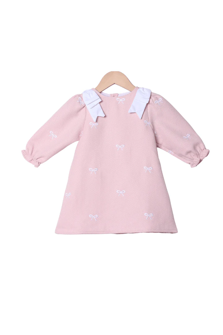 Embroidered Bow Pink Honeycomb Long Sleeve Dress