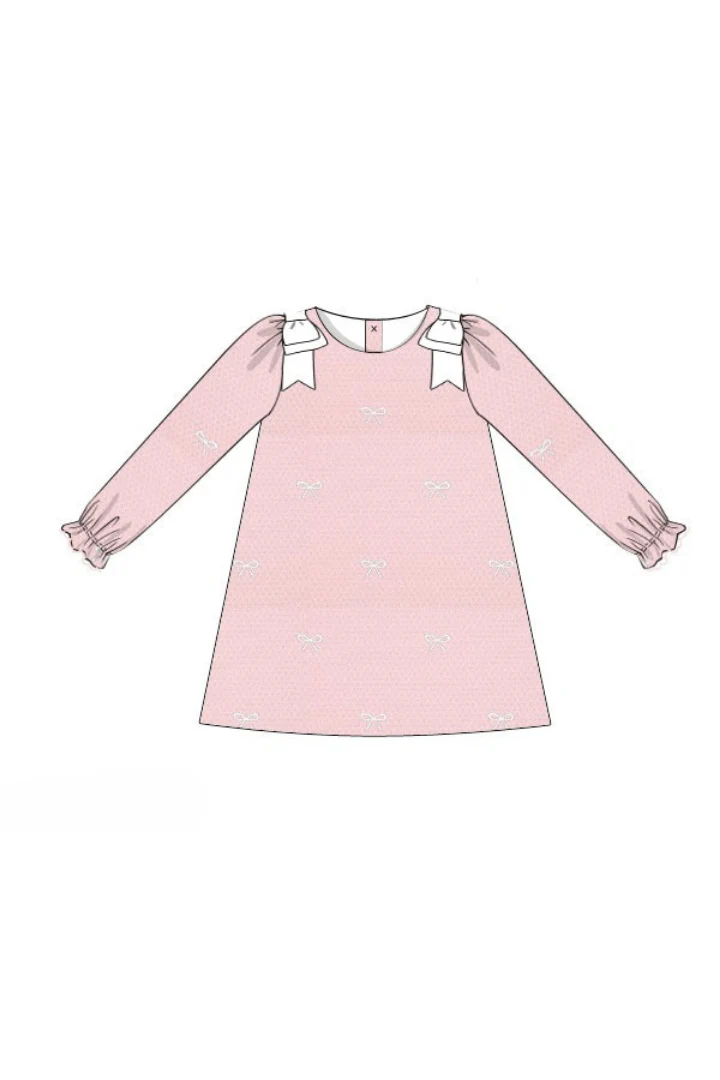 Embroidered Bow Pink Honeycomb Long Sleeve Dress - Image 2