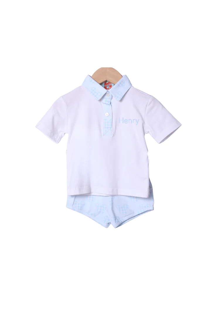 Blue Gingham Mouse Polo Short Set