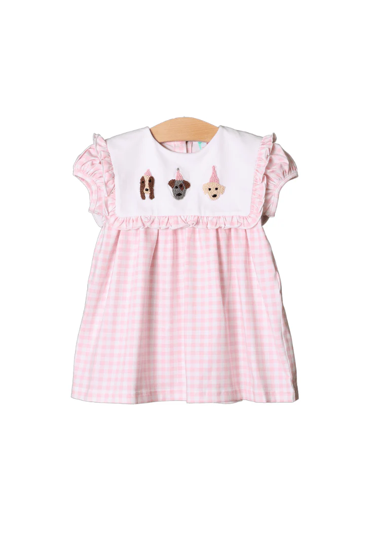 French Knot Birthday Party Pups Pink Gingham Dress