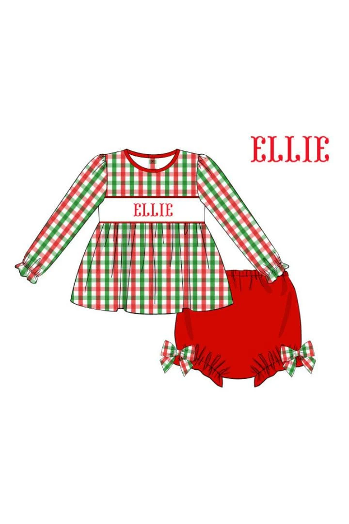 Pre-Order Hand Smocked Custom Name Holiday Plaid Diaper Set