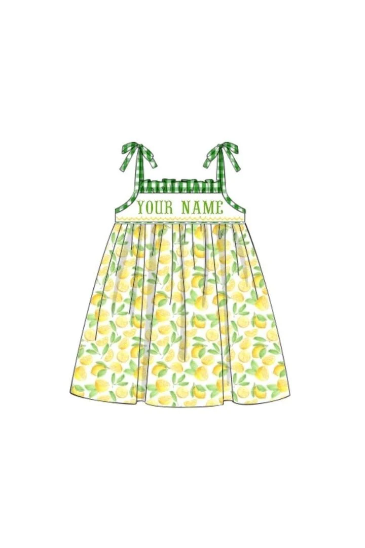 Pre-Order Hand Smocked Custom Name Lemon Gingham Dress