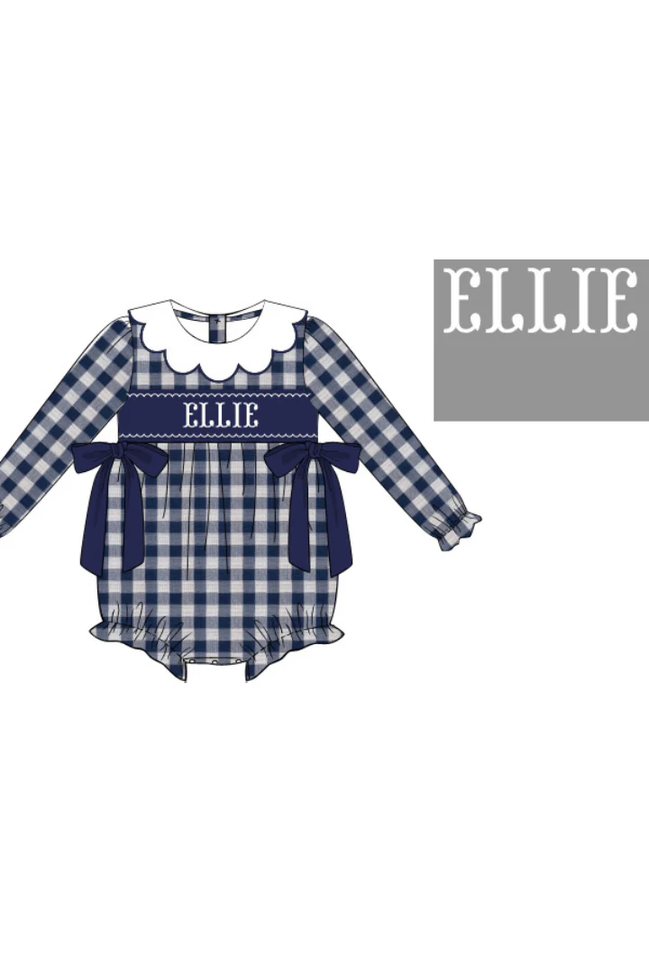 Pre-Order Hand Smocked Custom Name Navy Linen Gingham Scalloped Bubble