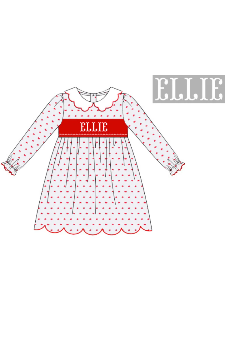 Pre-Order Hand Smocked Custom Name Red/White Swiss Dot Girls Dress