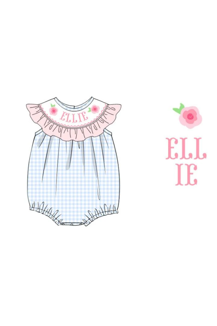 Pre-Order Custom Name Smocked Run for the Roses BLUE Gingham Bubble