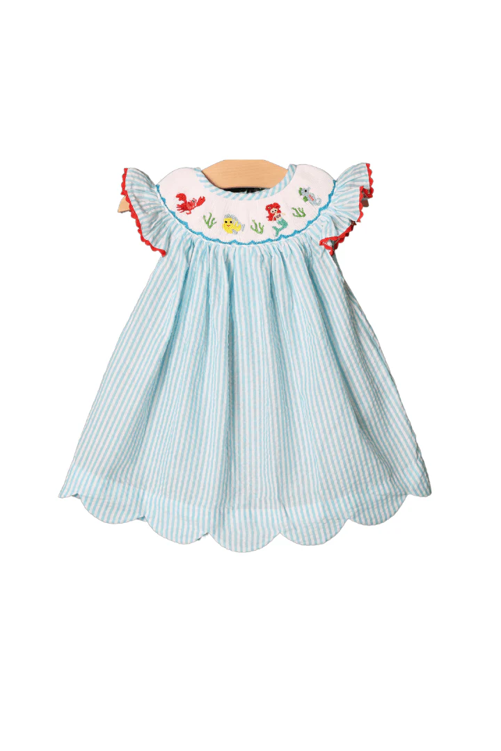 Smocked Mermaid Aqua Seersucker Dress