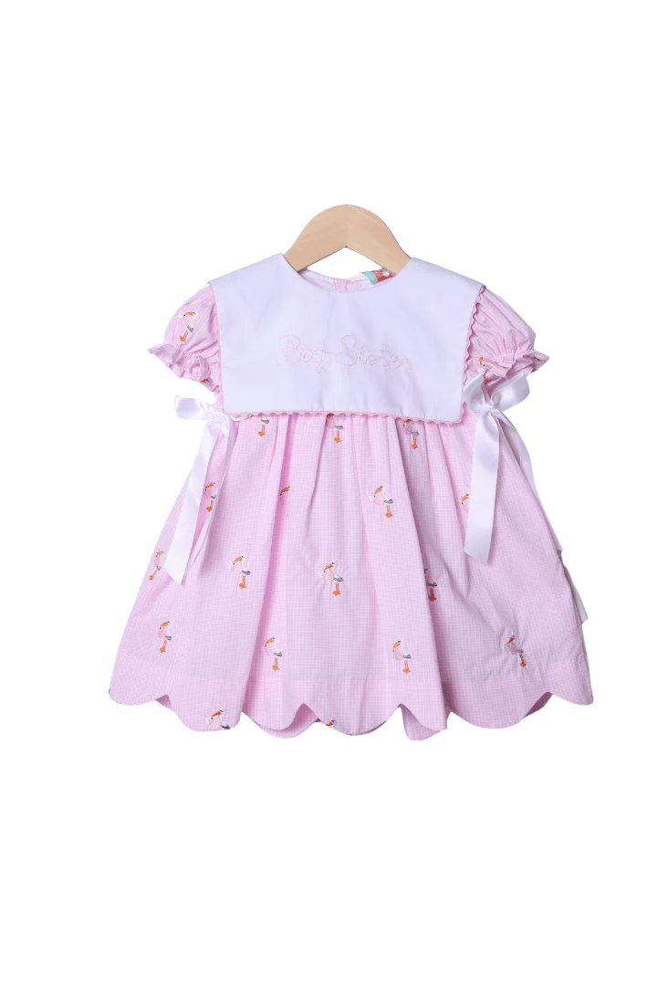 Embroidered Big Sister Stork Bib Dress