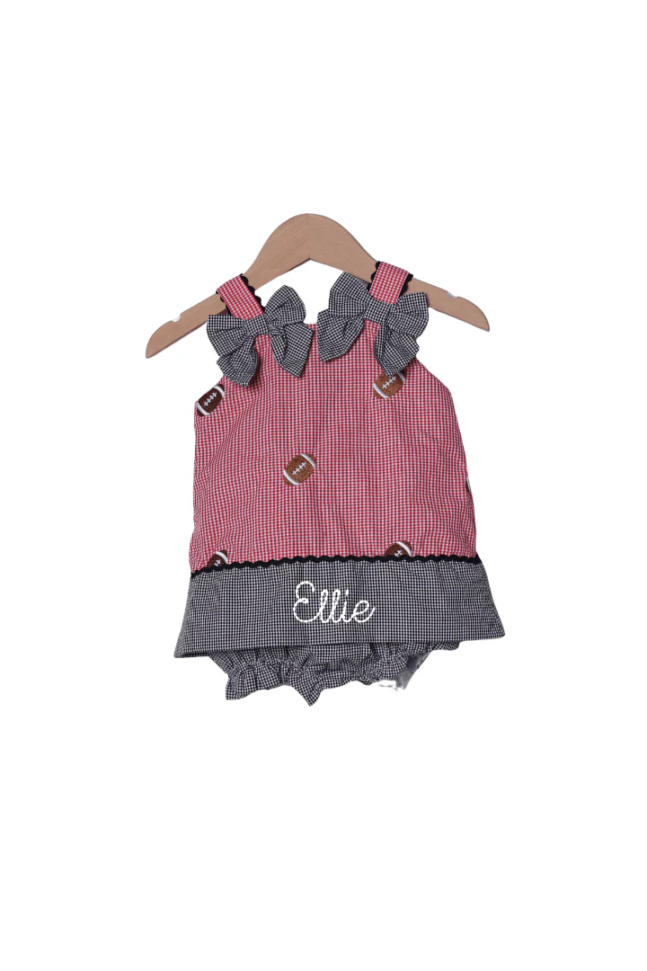 Embroidered Football Red Gingham Skirted Bubble