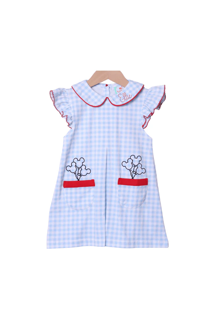 Embroidered Magical Balloon Blue Gingham Knit Dress