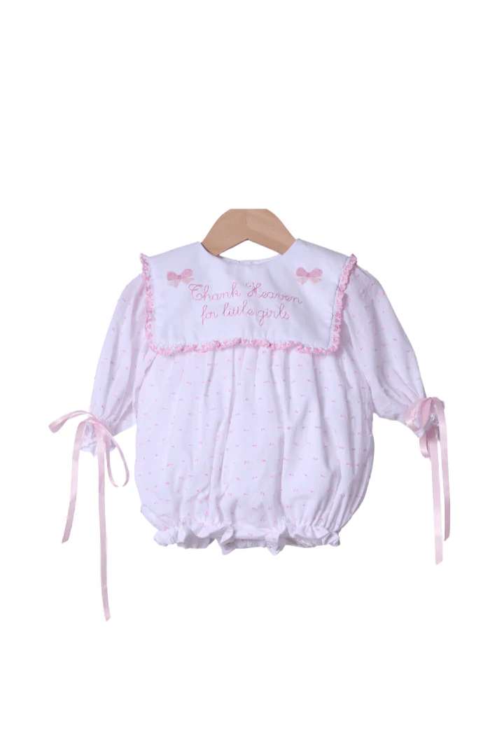 Embroidered Thank Heaven for Little Girls Long Sleeve Pink Swiss Dot Bow Bubble