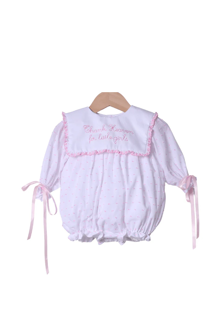Embroidered Thank Heaven for Little Girls Long Sleeve Pink Swiss Dot Bubble