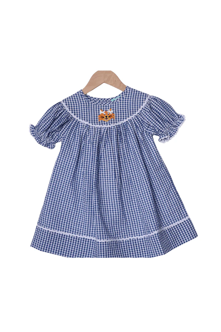 Embroidered Wildcat Blue Gingham Dress