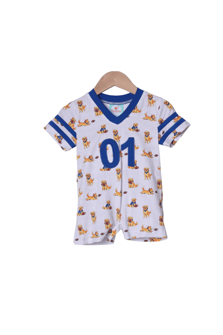 Football Pup Blue and White Jersey Short Romper