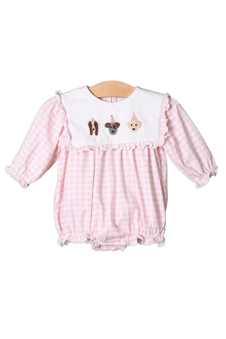 French Knot Birthday Party Pups Pink Gingham Long Sleeve Bubble