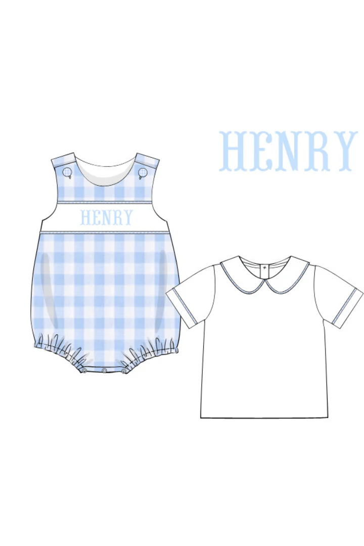 Pre-Order Hand Smocked Baby Blue Gingham Custom Name Bubble with Shirt