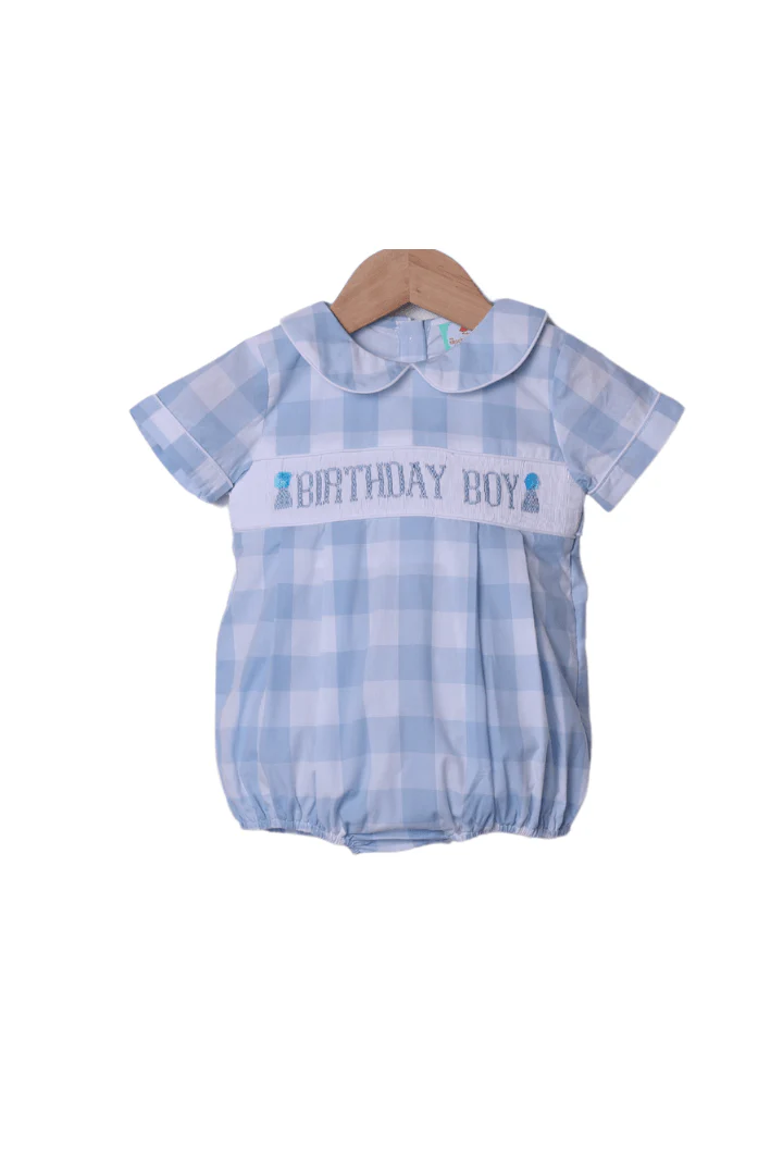 Hand Smocked Birthday Boy Gingham Bubble