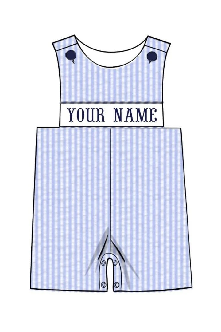 Pre-Order Hand Smocked Custom Name Blue and White Shortall