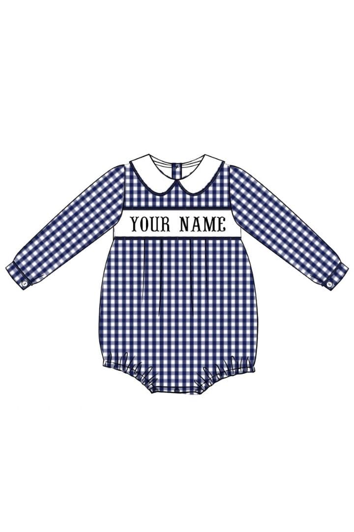 Pre-Order Hand Smocked Custom Name Blue Gingham Bubble