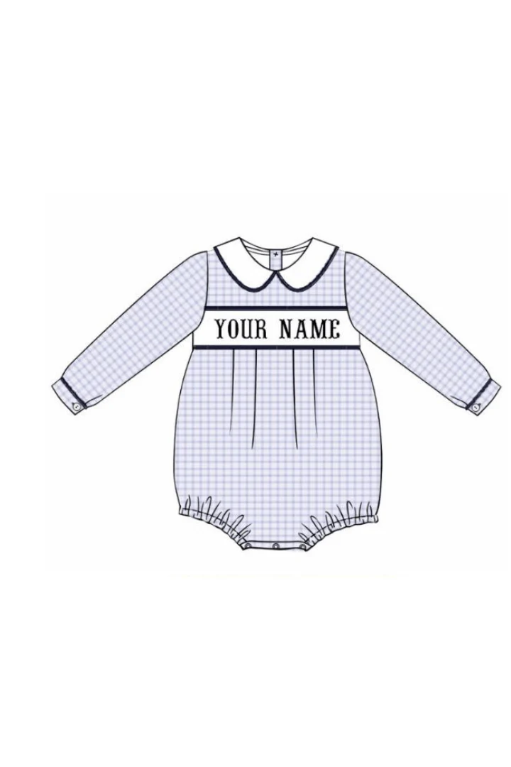 Pre-Order Hand Smocked Custom Name Light Blue Gingham Bubble