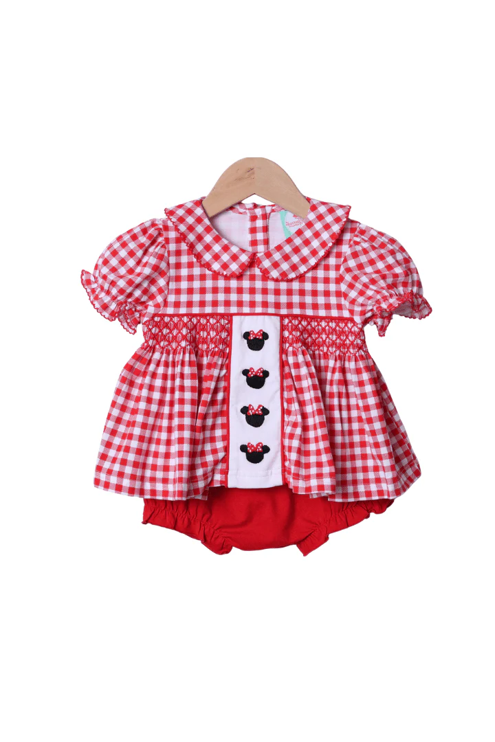 Hand Embroidered Mouse Red Gingham Knit Bloomer Set