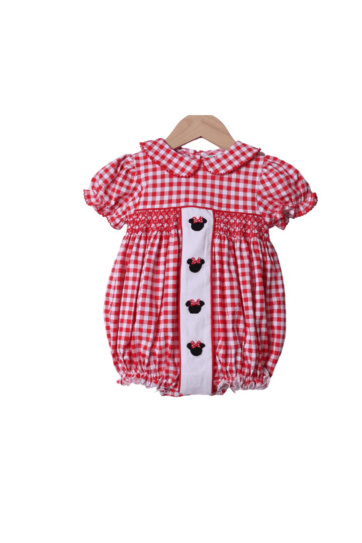 Hand Embroidered Mouse Red Gingham Knit Bubble