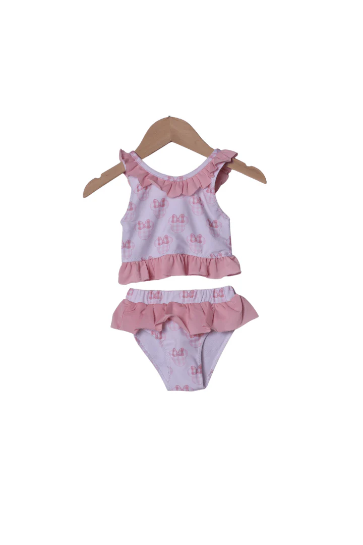 Watercolor Pink Gingham Mouse Ruffle 2Pc Swimsuit