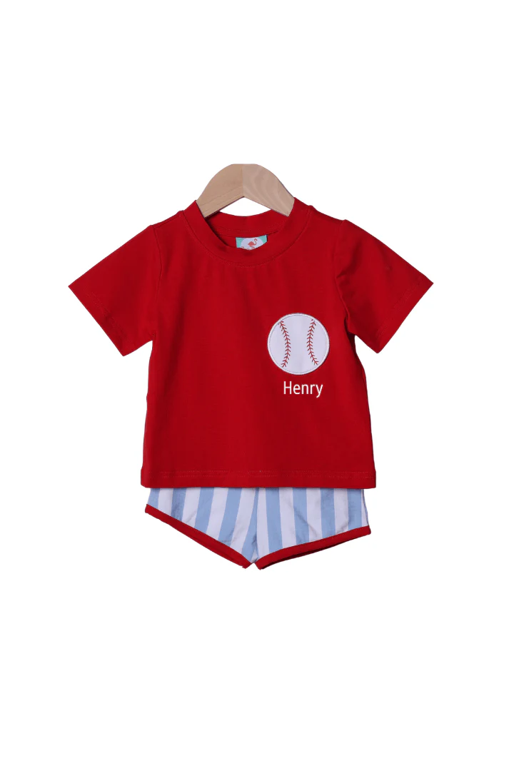 Applique Baseball Blue Stripe Short Set