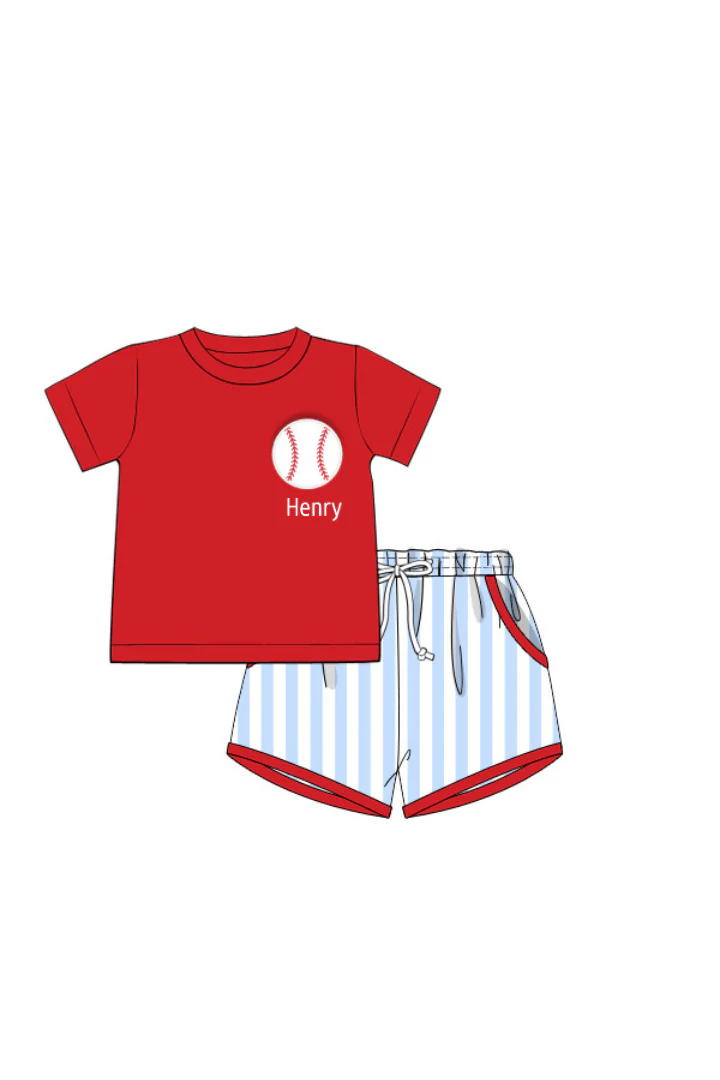Applique Baseball Blue Stripe Short Set - Image 2