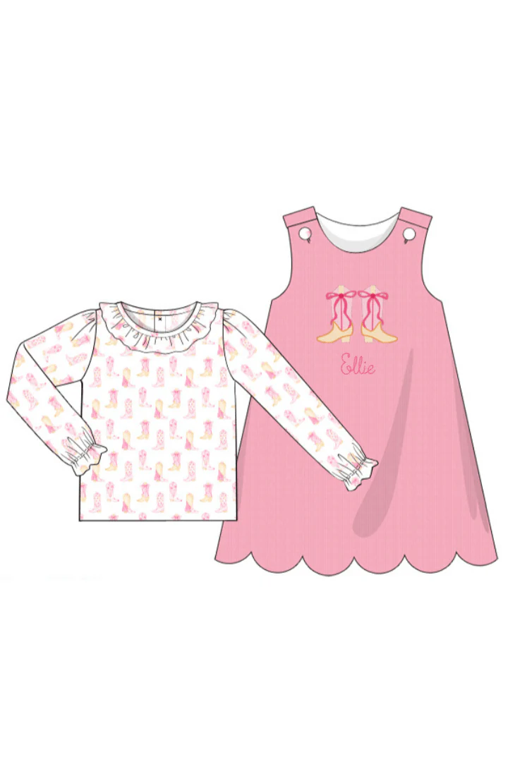 Applique Cowgirl Boots Pink Corduroy Dress - Image 2