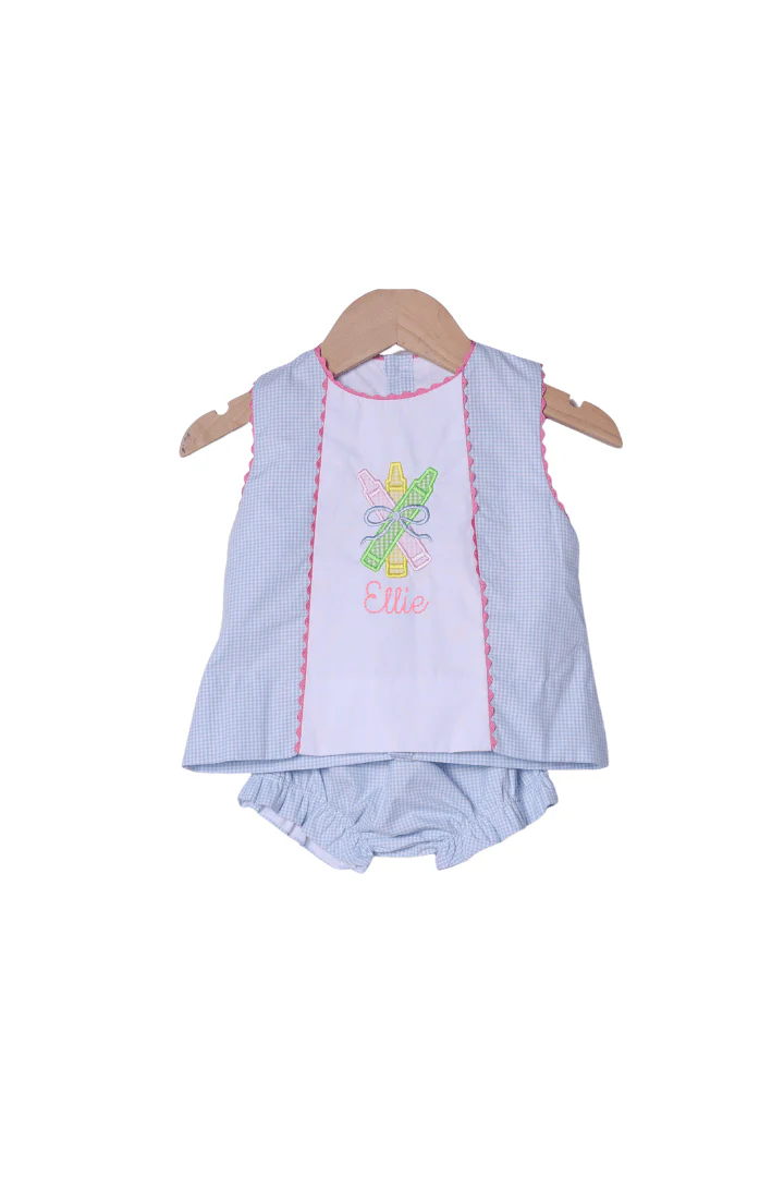 Applique Crayon Blue Gingham Bloomer Set