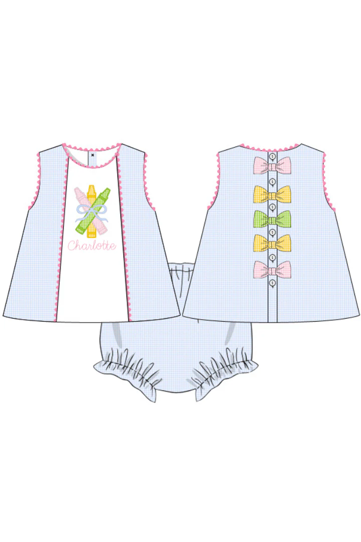 Applique Crayon Blue Gingham Bloomer Set - Image 3