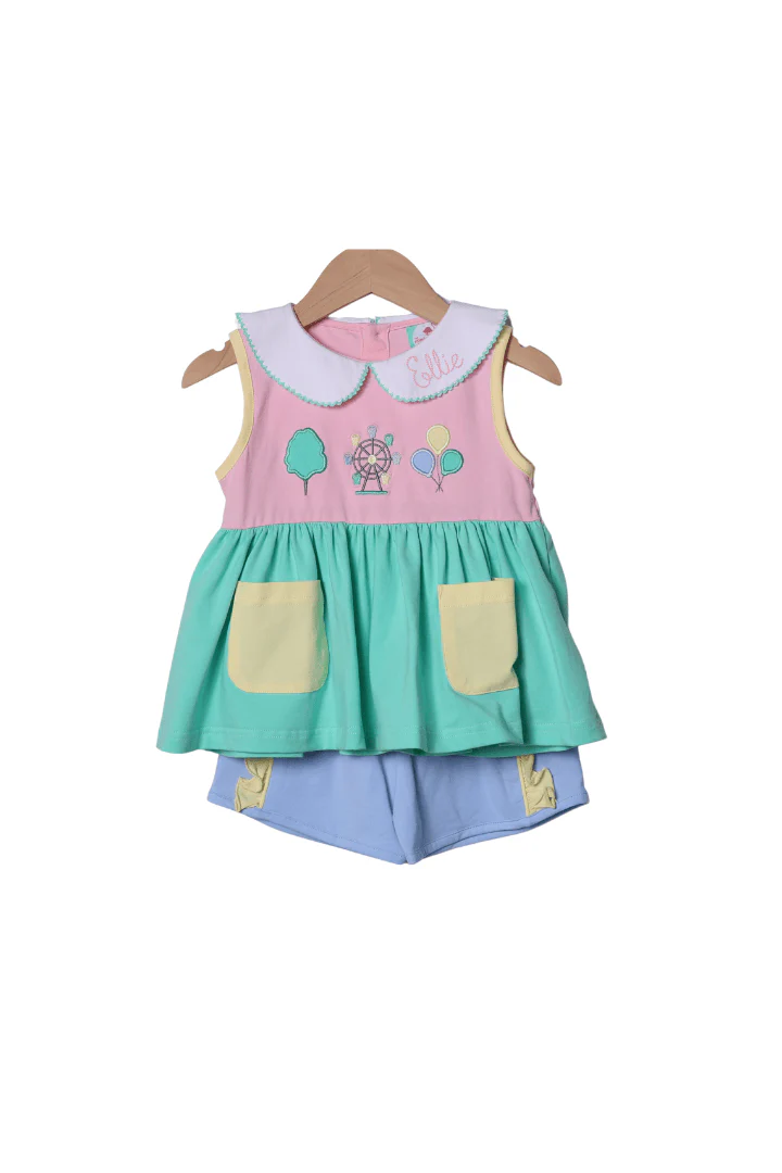 Applique Ferris Wheel Fun Color Block Swing Short Set