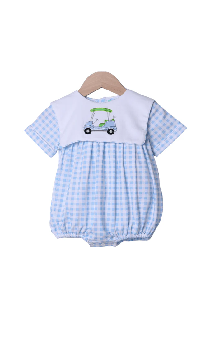 Applique Golf Cart Blue Gingham Bubble