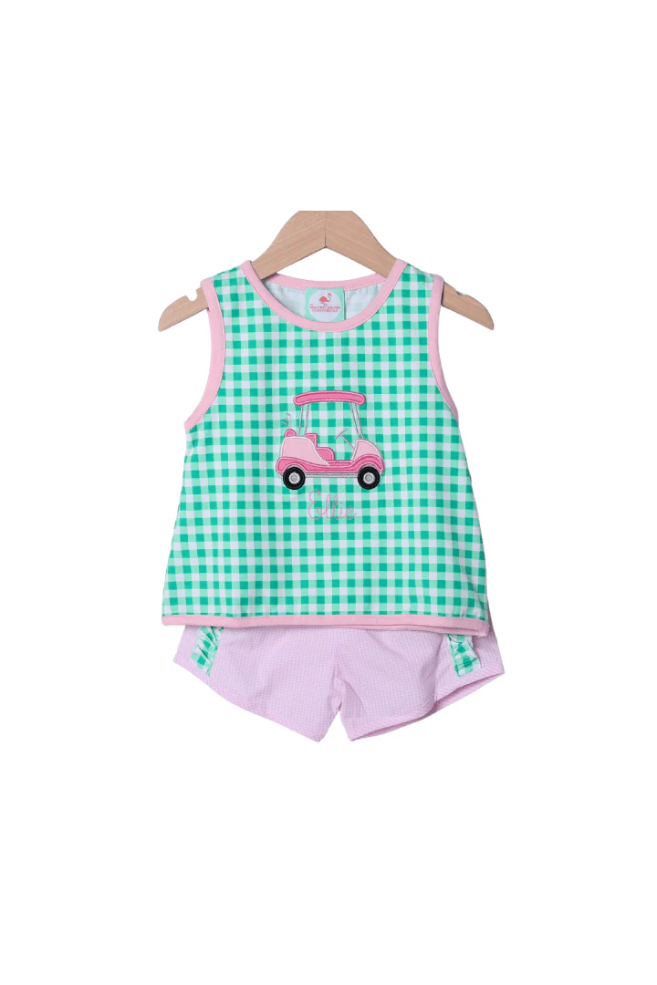 Applique Golf Cart Green/Pink Gingham Short Set