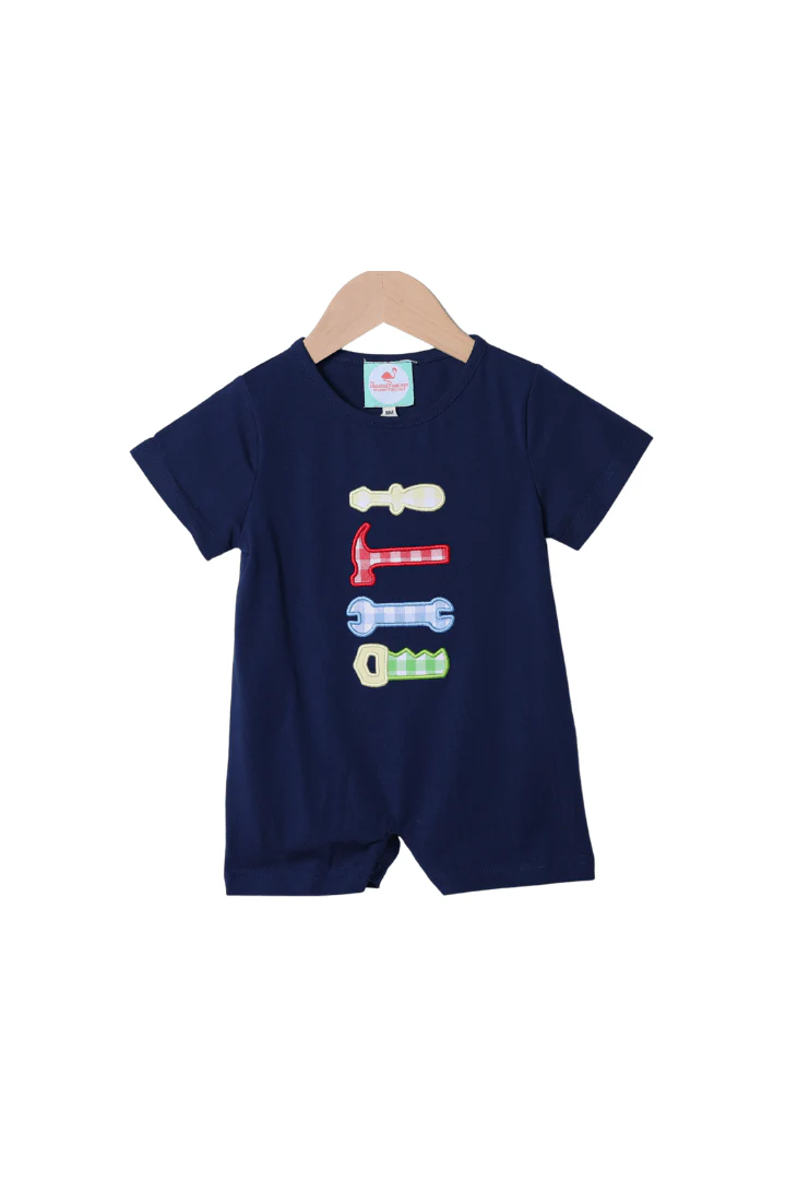 Applique Handy Man Blue Gingham Short Romper