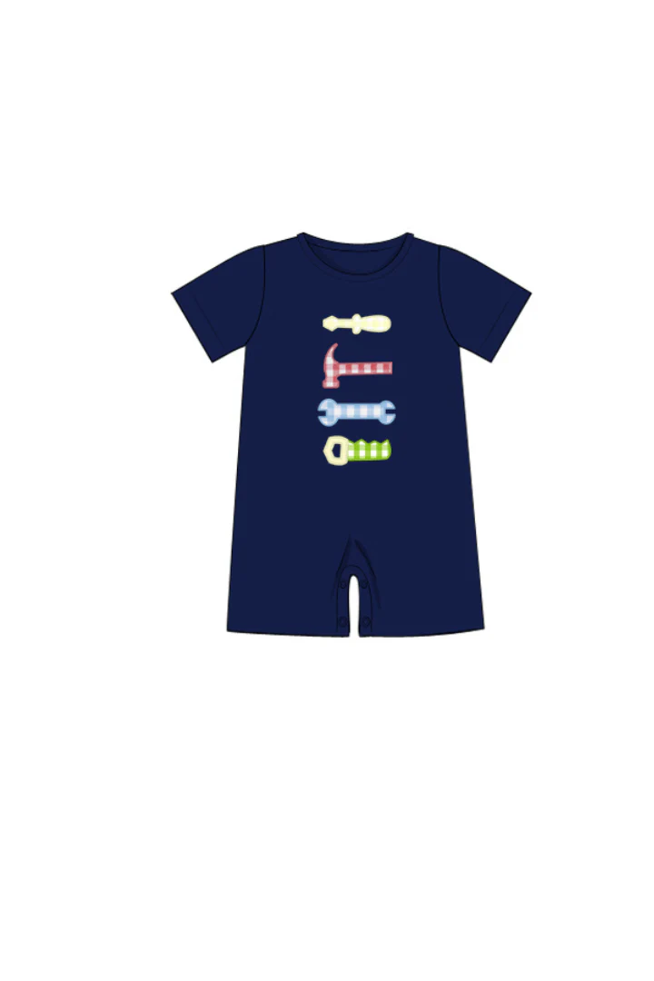 Applique Handy Man Blue Gingham Short Romper - Image 2