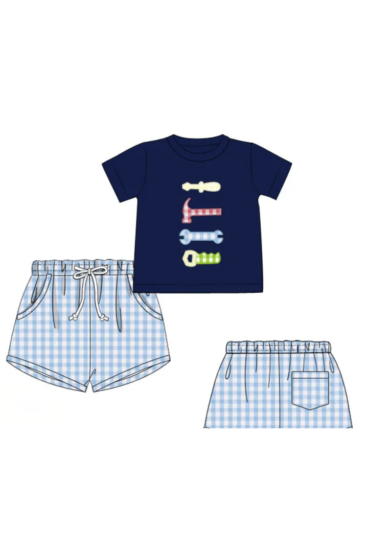 Applique Handy Man Blue Gingham Short Set - Image 2
