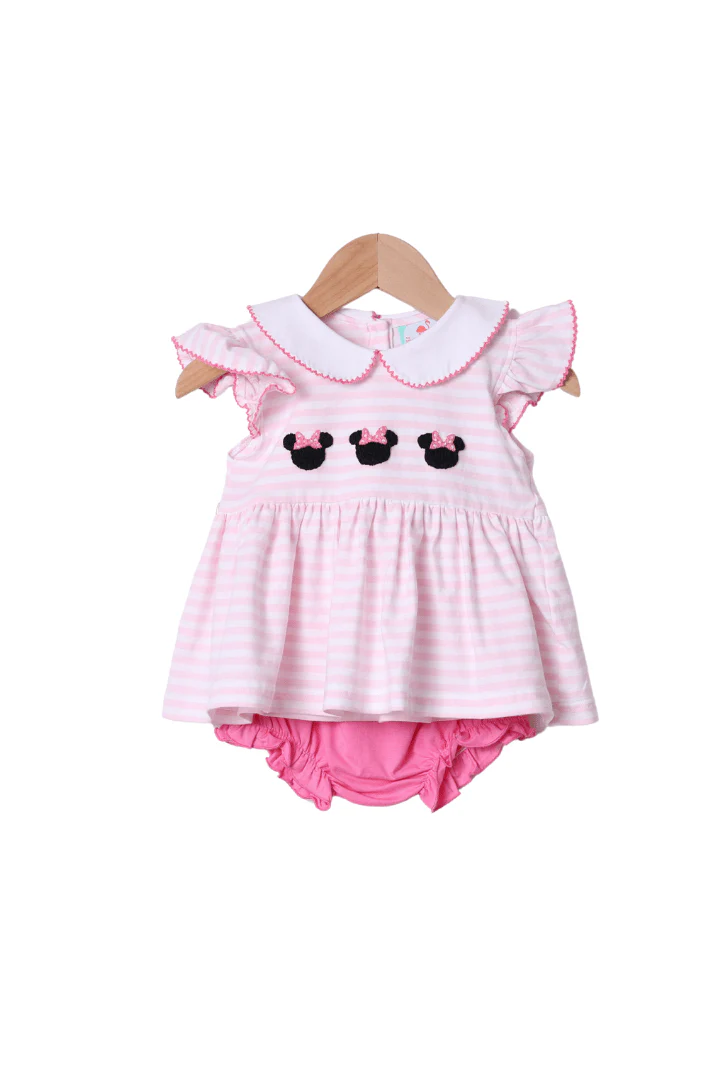 Applique Mouse Pink Stripe Flutter Sleeve Bloomer Set