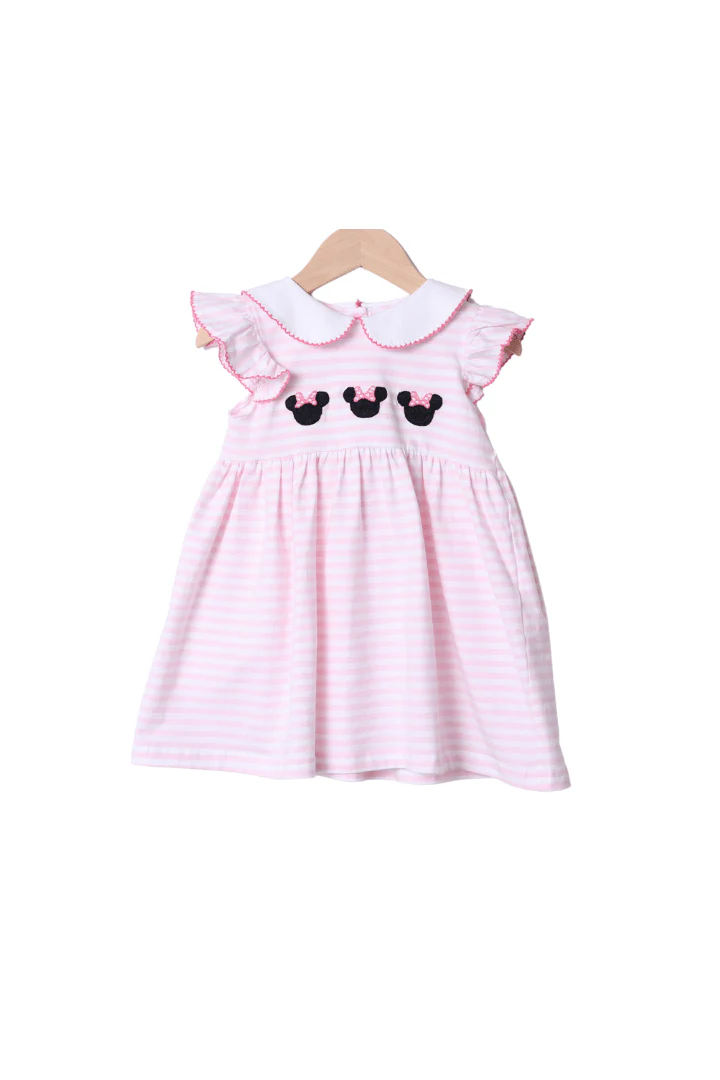 Applique Mouse Pink Stripe Flutter Sleeve Dress