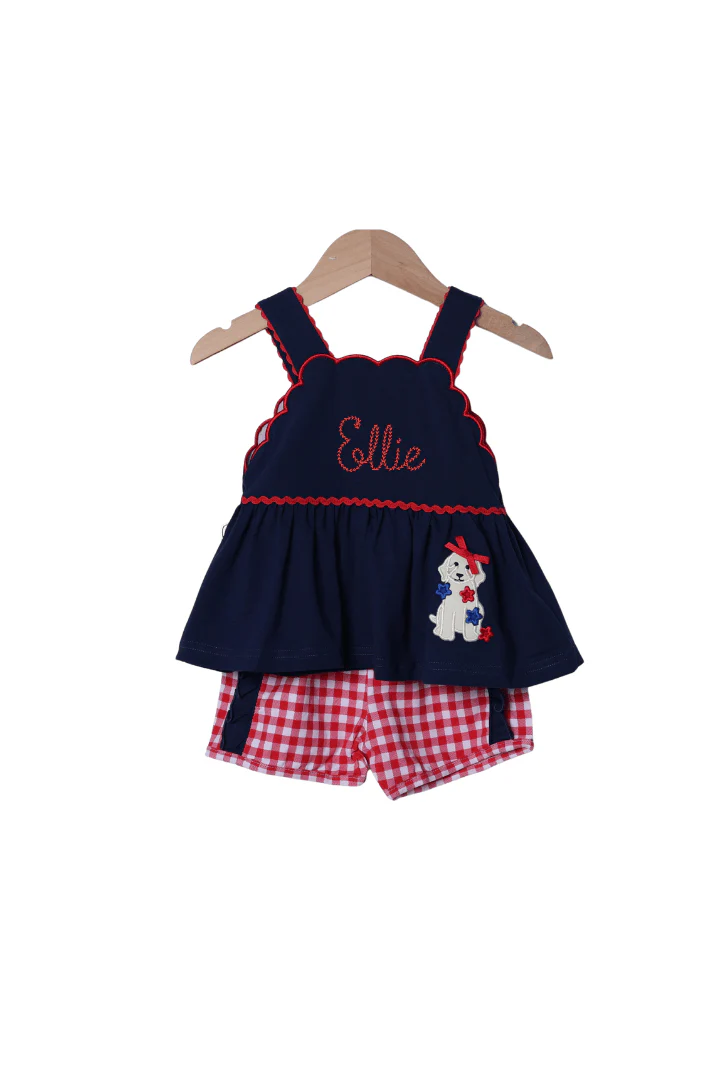 Applique Patriotic Pup Navy/Gingham Short Set