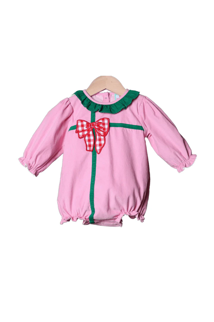 Applique Christmas Present Pink Corduroy Bubble