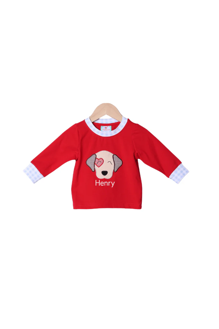 Applique Puppy Love Red Knit/Gingham Shirt