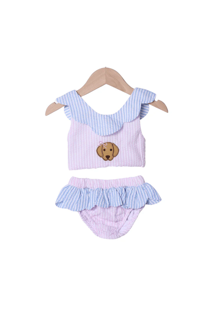 Applique Puppy Pink/Blue Seersucker 2pc Swimsuit