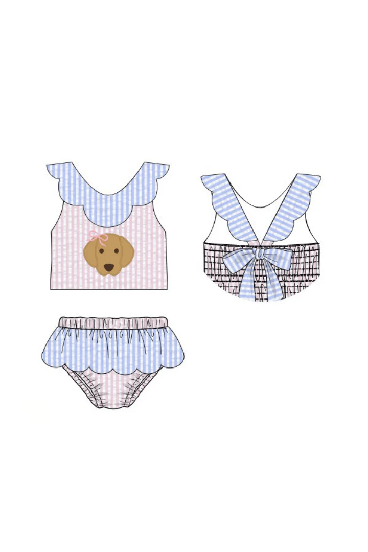 Applique Puppy Pink/Blue Seersucker 2pc Swimsuit - Image 3